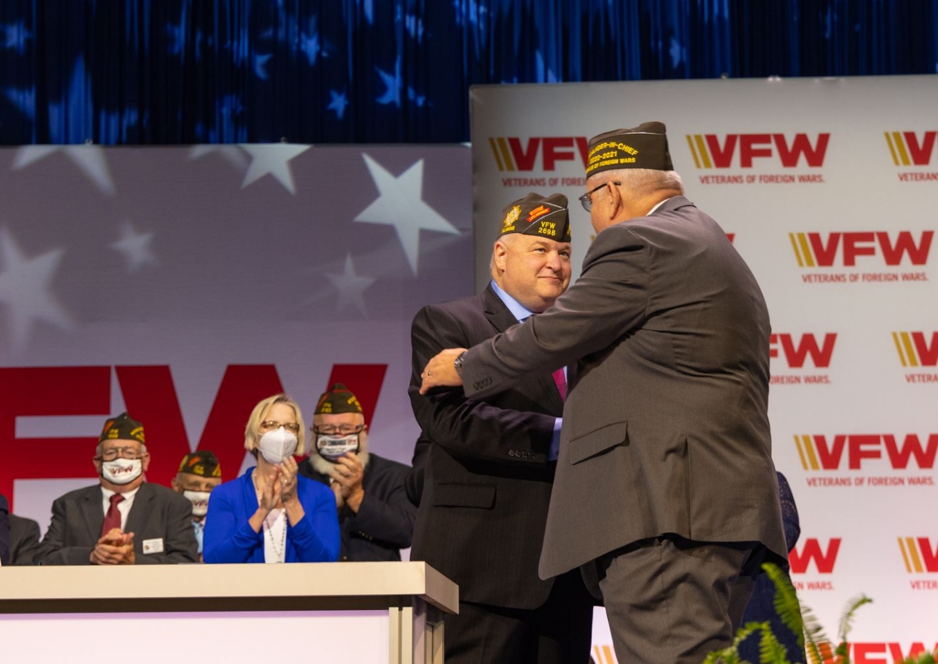 Veterans of Foreign Wars National Convention 30 July 3 August 2021 Kansas City Missouri. Illinois own Veterans of Foreign Wars National Commander in Chief Fritz Mihelcic is congratulated by Past Veterans of Foreign Wars  National Commander in Chief Hal Roesch